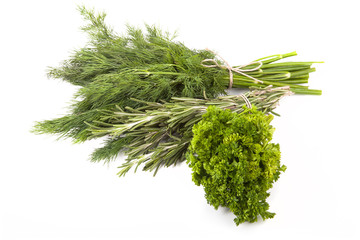 parsley, dill and rosemary on a white background