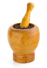 mortar with pestle on white