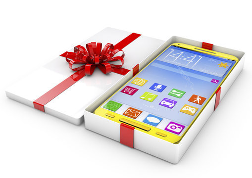 Smartphone in a gift box. Isolated render on a white background