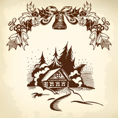 Christmas wreath and house