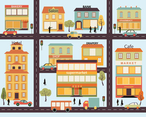 Set of buildings in the style small business flat design