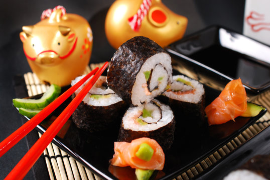 sushi set with salmon and avocado