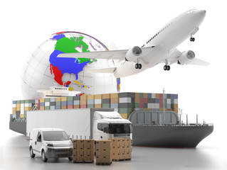 International goods transport with globe on background