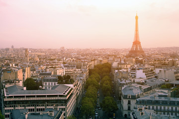 beautiful sunset over Paris, panoramic view from Arc de Triomphe