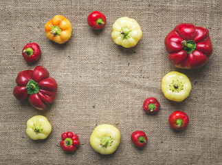 Paprika set over a sackcloth background with a copy space