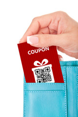 hand holding christmas coupon in wallet isolated over white
