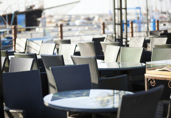 Empty cafe on harbor