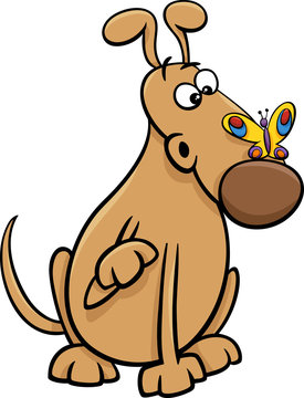 dog with butterfly cartoon illustration