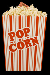 Popcorn and Movie Ticket Isolated on Black