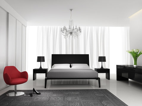 Contemporary black elegant white bedroom with rug