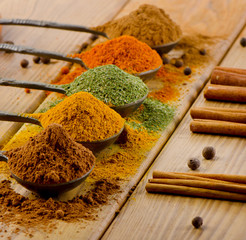 Selection of dried spices and cinnamon sticks .
