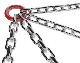 Group of chrome chains with a red link