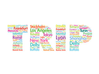 Naklejka premium TRIP travel concept made with words cities names, vector collage