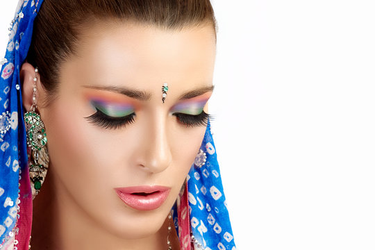 Ethnic Beauty Fashion. Hindu Woman. Colorful Makeup
