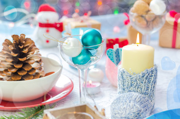 Christmas festive xmas eve table board setting New Year snowman