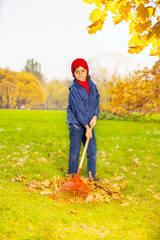 Boy holding red rake to clean autumn leaves