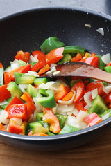 Chopped red & green peppers in a stir fry
