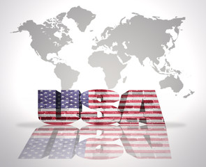 Word USA on a world map background