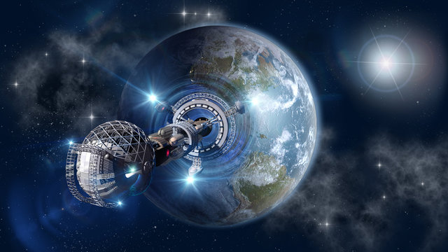 Spaceship with forming warp-drive, leaving Earth
