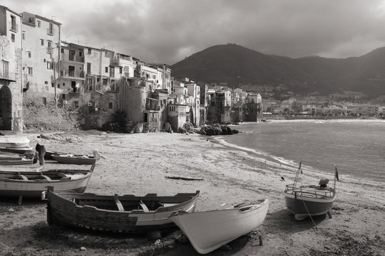 Cefalu in Sicily, Italy. Black and white image