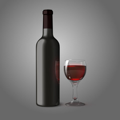 Blank black realistic bottle for red wine with glass, isolated.
