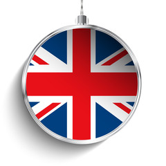 Merry Christmas Silver Ball with Flag United Kingdom UK