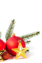 red Christmas balls and fir branch