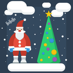 funny cartoon winter holidays background with Santa and spruce m