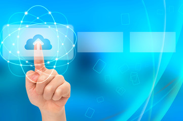 Upload concept with asian boy hand touching virtual screen