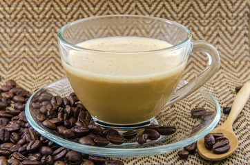 Coffee and beans on table