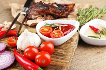 Delicious grilled meat on table