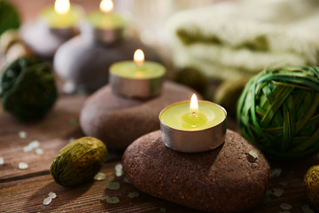 Composition of spa treatment on wooden background