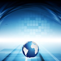 Blue motion technology background with waves and globe