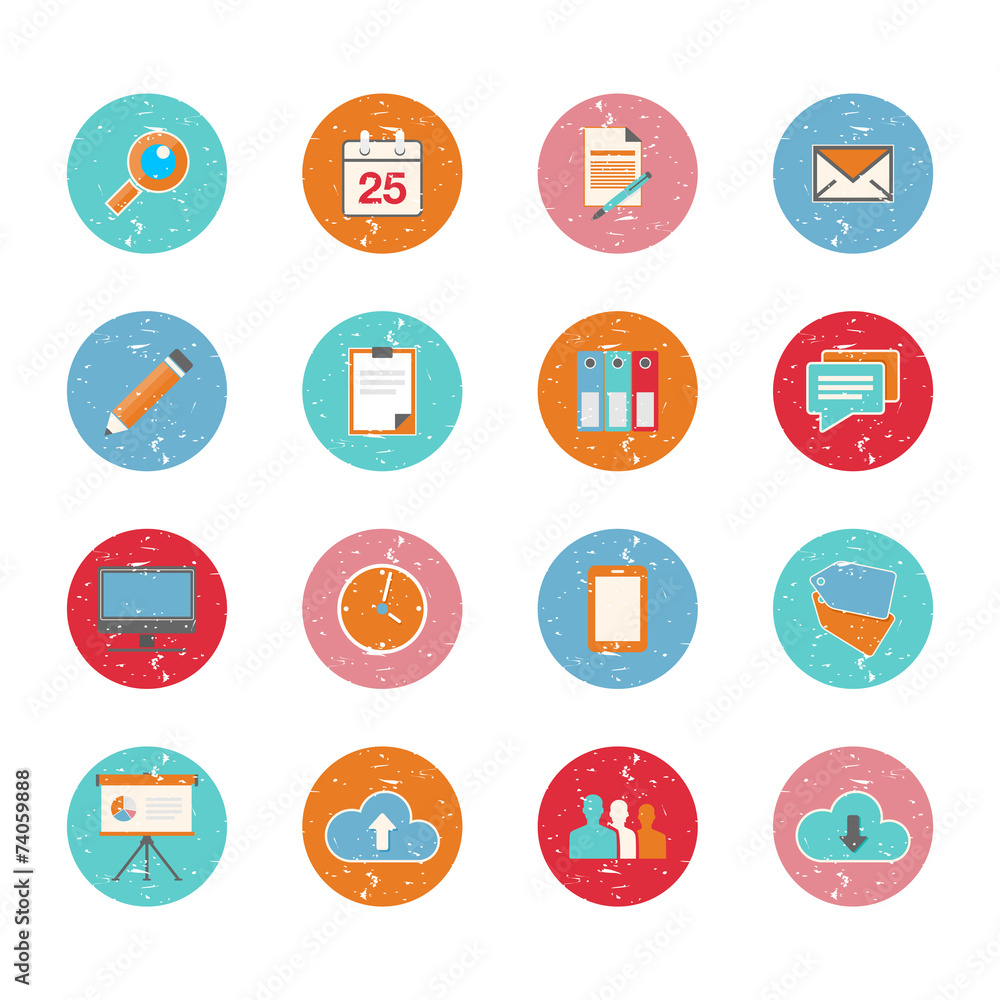 Poster set of web circle grungy icons in flat design