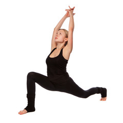 Young woman doing yoga on a white background