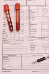 Blood test tube and  pen on pink background.