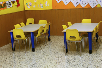 classroom of a preschool with the little yellow chairs