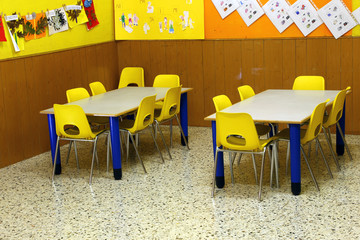 classroom of a nursery with the little chairs