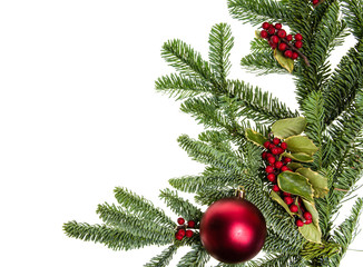 Corner border of nobel fir and red ball