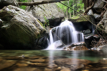 waterfall in forest and blue lake
