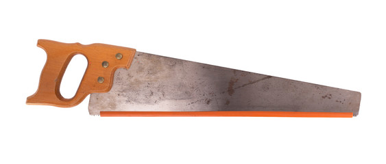 Rusted antique carpenters hand saw with wood handle