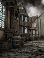 Mglista ulica średniowiecznego miasteczka