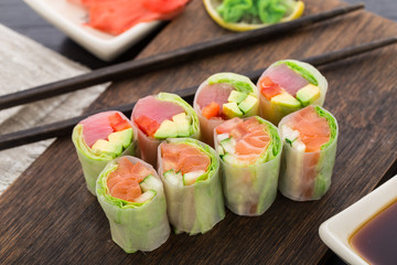 Spring rolls with tuna and salmon - 74064618