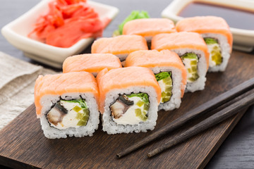 Sushi roll with salmon and eel