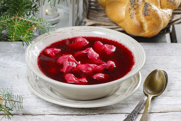 Beetroot red borsch with polish dumplings uszka.