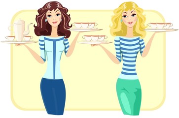 Cute Waitress with Tea and Coffee in the Restaurant, Vector