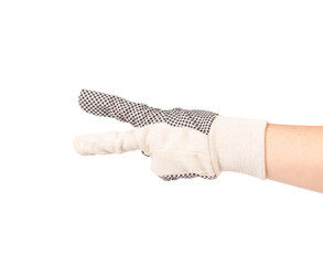 Hand shows two in rubber glove.