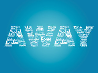 AWAY travel concept made with words cities names, vector collage