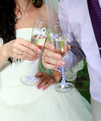 Невеста и жених чокаются бокалами