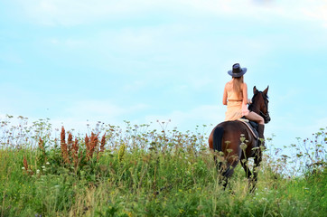 The woman on a horse in the field